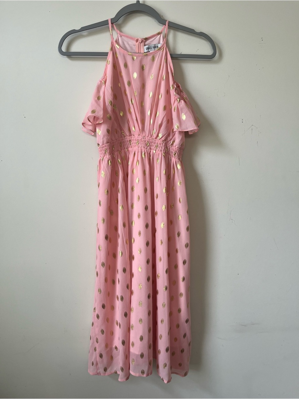 Grace Karin Girls' Coral with Gold Dots Cold-Shoulder Semi- Formal Maxi Dress
